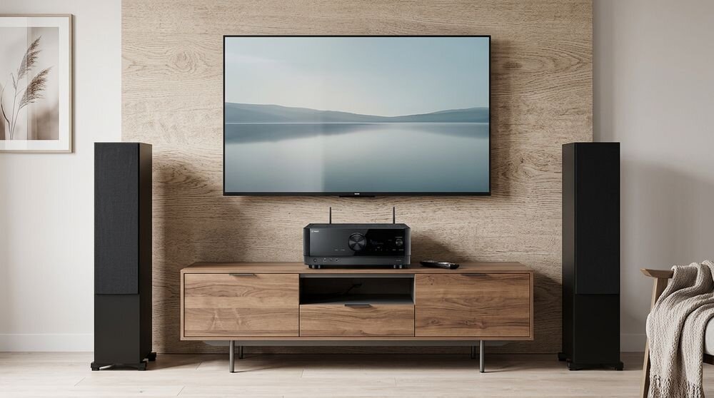 Zestaw stereo YAMAHA RX-V6A + INDIANA LINE Tesi 6 amplituner 7.2 kanałów 700 W RMS, zestaw stojący w pomieszczeniu