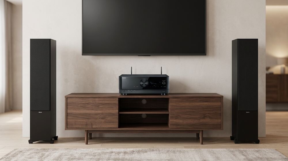 Zestaw stereo YAMAHA RX-V6A + INDIANA LINE Tesi 6 Dolby Atmos DTS X Cinema DSP, zestaw stojący w pomieszczeniu