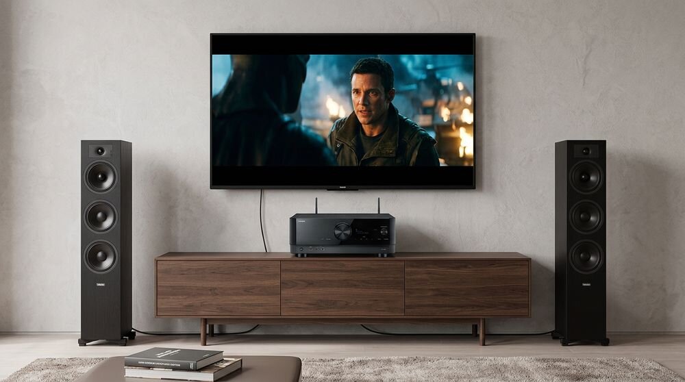 Zestaw stereo YAMAHA RX-V6A + INDIANA LINE Tesi 6 4K 8K Dolby Vision HDR 10+ HDMI, zestaw stojący w pomieszczeniu