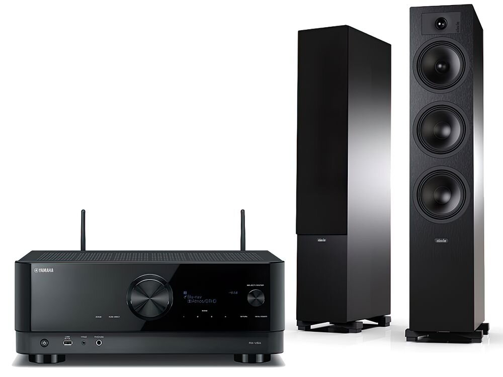 Zestaw stereo YAMAHA RX-V6A + INDIANA LINE Tesi 6 Bluetooth Wi-Fi USB Spotify Tidal, zestaw na białym tle