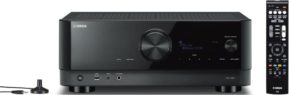 Zestaw stereo YAMAHA RX-V6A + INDIANA LINE Tesi 6 Wi-Fi Bluetooth LAN AirPlay sterowanie smartfonem, amplituner z pilotem na białym tle