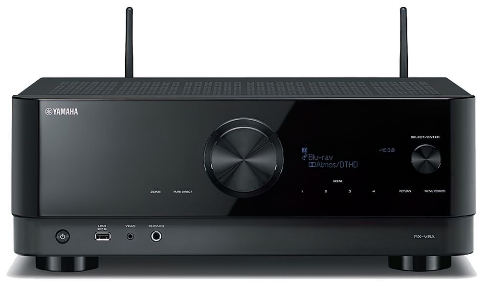 Zestaw stereo YAMAHA RX-V6A + INDIANA LINE Tesi 6 Pure Direct Bi-AMP YPAO silent CINEMA, amplituner od frontu na białym tle