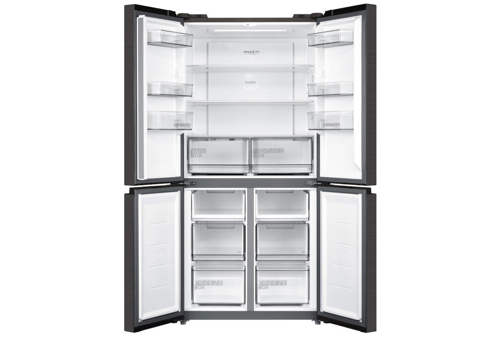 LODÓWKA MIDEA MDRF632FIE45 Wnętrze lodówki pokazuje przestronne półki, pojemniki na drzwiach oraz dolne komory do przechowywania warzyw i innych produktów. Symetryczny układ wnętrza ułatwia organizację i szybki dostęp do żywności szklane półki tacki drzwiowe butelki słoiki szuflada owoce warzywa świeżość wilgotność szuflady segregacja mrożonki szybki dostęp