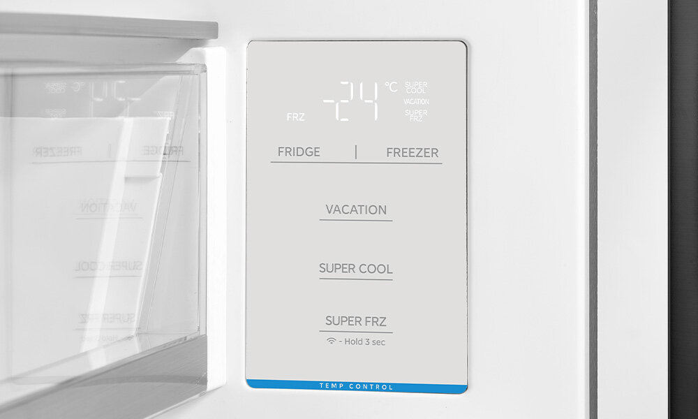 LODÓWKA MIDEA MDRB600MIC45P Panel sterowania chłodziarki wyświetla ustawienia temperatury oraz dodatkowe funkcje. Czytelny układ ułatwia szybkie dostosowanie parametrów urządzenia efektywność energetyczna wydajność oszczędność rachunki komfort