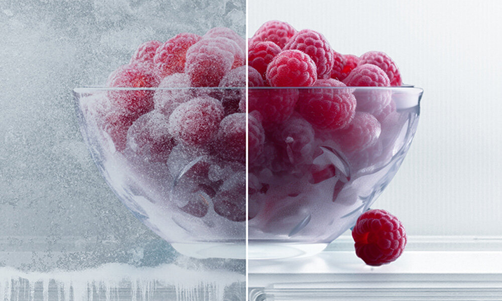 LODÓWKA MIDEA MDRB600MIC45P Miseczka malin została przedstawiona w dwóch odsłonach: zamrożonej i świeżej. Zestawienie podkreśla różnicę w strukturze i wyglądzie owoców No Frost automatyczne rozmrażanie brak szronu łatwe czyszczenie
