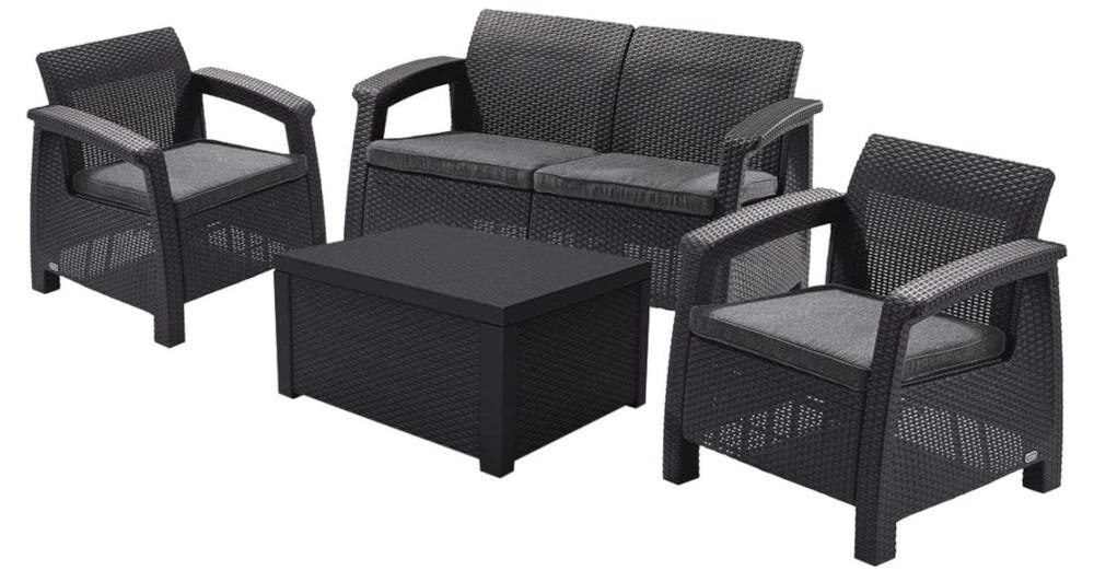 Meble ogrodowe ALLIBERT Corfu Box Set Grafit ekskluzywny zestaw mebli część renomowanej marki KETER stolik kawowy podwójna sofa dwa fotele do domu na ogród na duży balkon na taras strefa relaksu