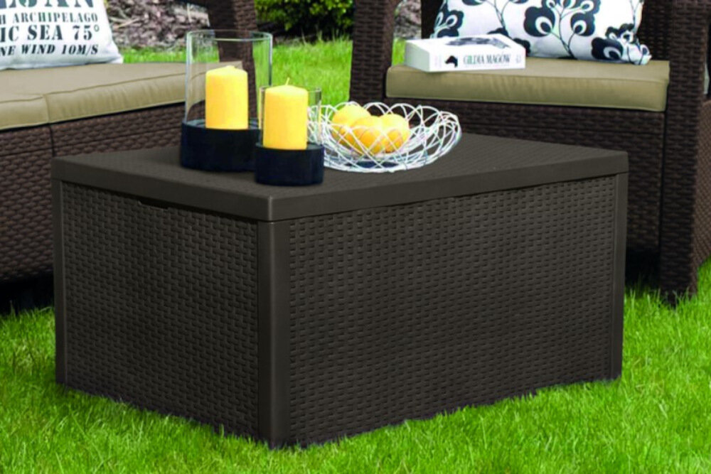 Meble ogrodowe ALLIBERT Corfu Box Set Grafit stolik kawowy blat stołu odporny na uderzenia i zmienne warunki pogodowe wymiary 79 x 42 x 59 cm