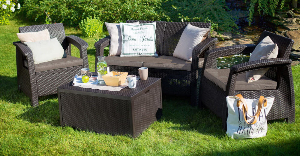 Meble ogrodowe ALLIBERT Corfu Box Set Grafit podwójna sofa opływowy uniwersalny kształt 128 x 79 x 70 cm oparcia wyprofilowane do kształtu pleców oparcia dostatecznie wysokie