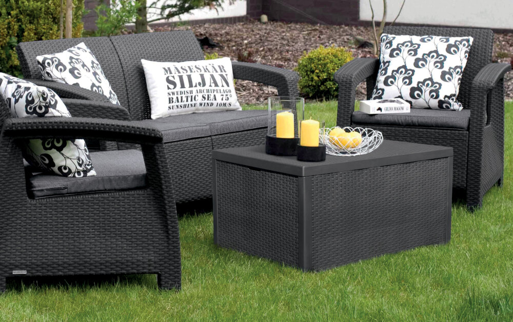 Meble ogrodowe ALLIBERT Corfu Box Set Grafit poduszki na siedziskach łatwe utrzymanie czystości pokrowce poduszek można prać w pralce stelaż mycie w łagodnych środkach myjących miękkie ściereczki