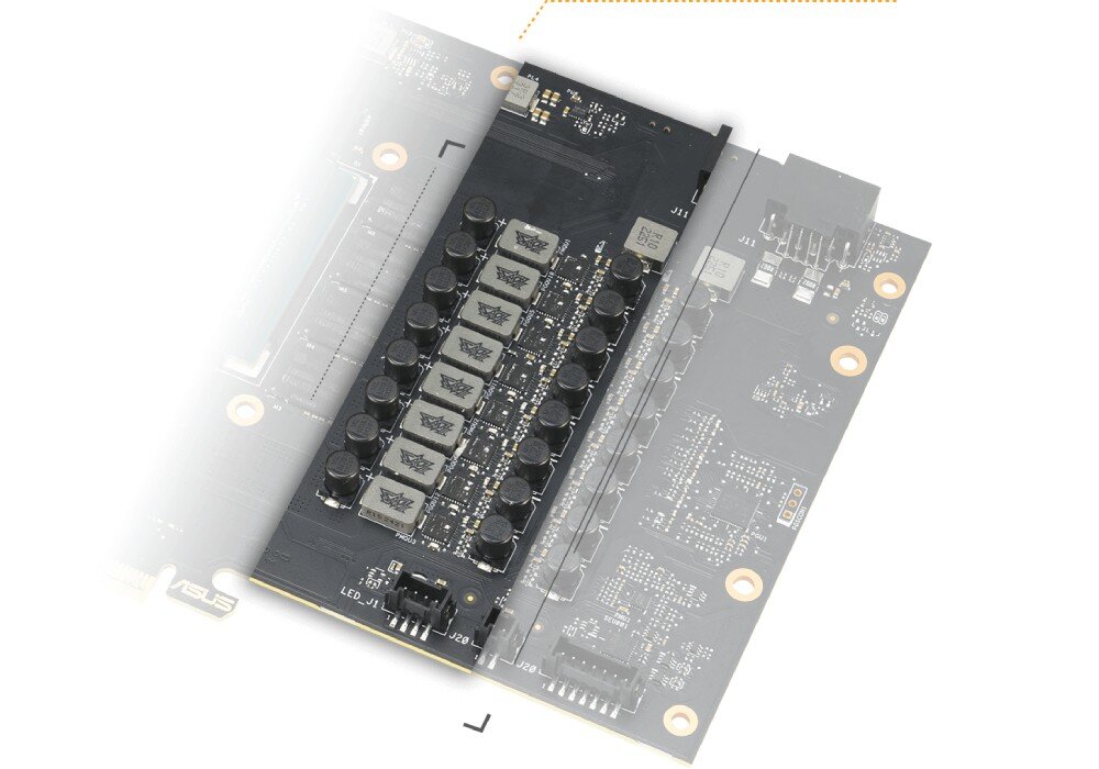 Karta graficzna ASUS TUF Gaming GeForce RTX 5070 Ti White OC Edition 16GB Zbliżenie na rzędy dławików i kondensatorów klasy wojskowej na płytce drukowanej