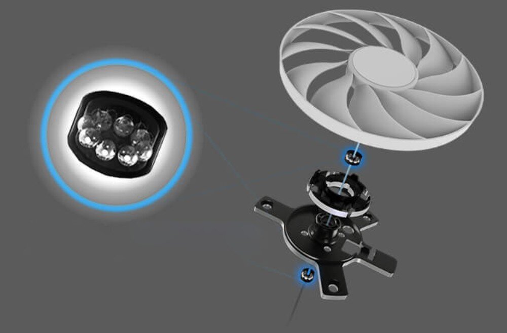 Karta graficzna ASUS TUF Gaming GeForce RTX 5070 Ti White OC Edition 16GB Schemat budowy wentylatora w rozłożeniu ukazujący mechanizm podwójnego łożyska kulkowego