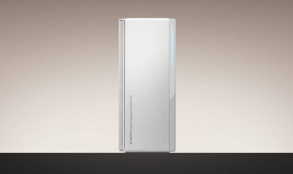 Router XIAOMI Mesh System AX3000 NE 2.4 / 5 GHz (DualBand), Wi-Fi Mesh (2 szt.) prezentacja urządzenia na beżowym tle na dole ciemny pasek wymiary dyskretny estetyczny design