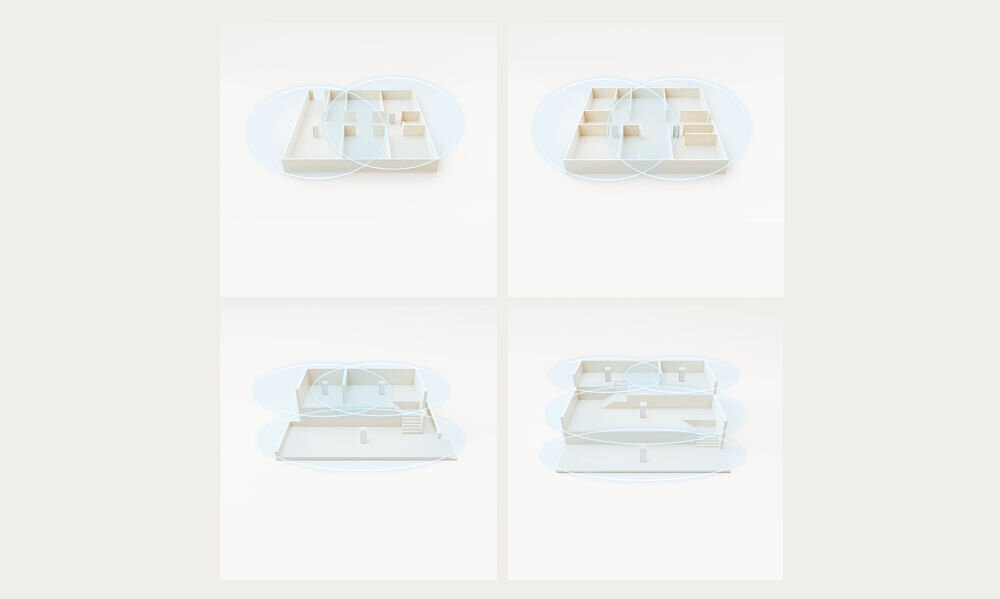 Router XIAOMI Mesh System AX3000 NE 2.4 / 5 GHz (DualBand), Wi-Fi Mesh (2 szt.) pokazanie możliwego pokrycia powierzchni przez urządzenie na białych kafelkach na beżowym tle wydajne pokrycie dużych powierzchni