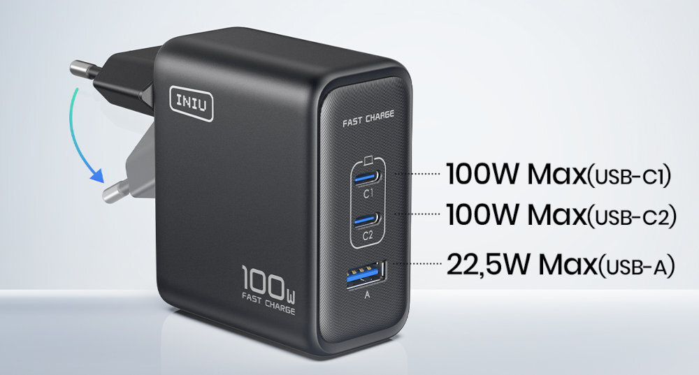 INIU Leopard Charger 100 W trzem portom wyjściowym (2x USB-C, USB-A)  jednocześnie trzy różne urządzenia laptop, smartfon i zegarek - ładowarka na jasnym tle, składana wtyczka, 3 porty, 2x usb-c i 1x usb-a
