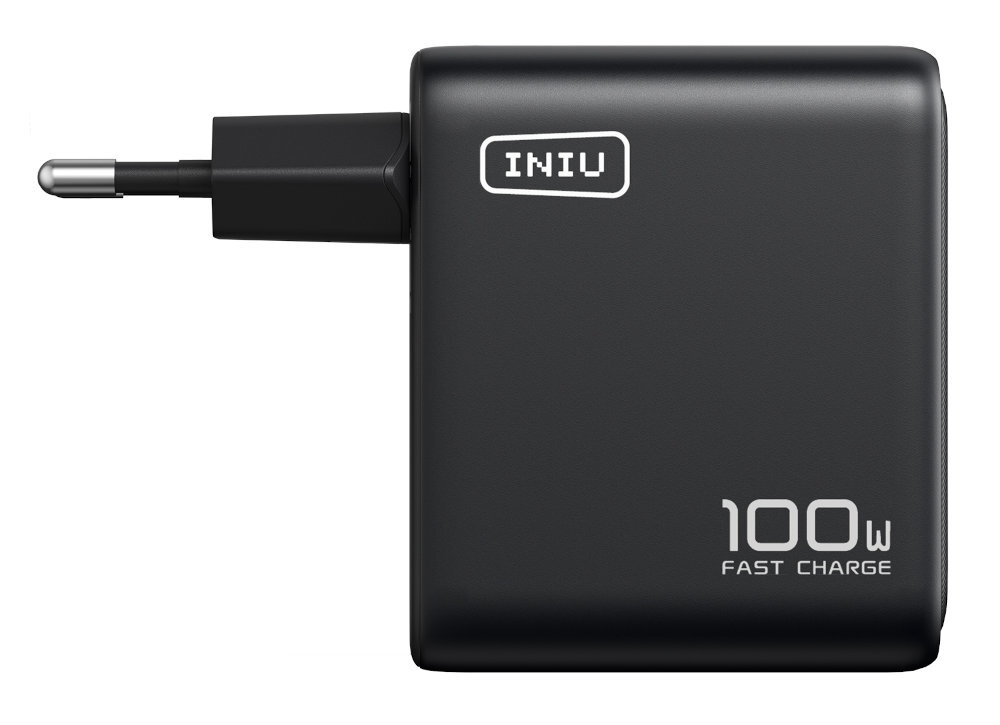 INIU Leopard Charger 100 W automatycznie dobiera moc rodzaju podłączonego sprzętu niskonapięciowych akcesoriów urządzenia wymagające nawet 100 W efektywnie ładować - ładowarka od boku na białym tle
