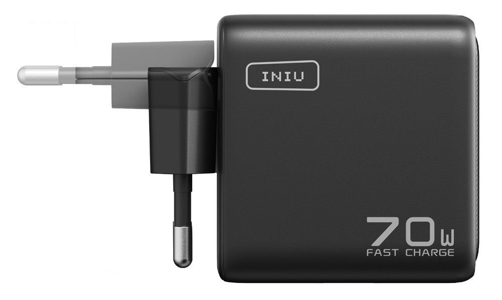 INIU Leopard Charger 70 W automatycznie dobiera moc rodzaju podłączonego sprzętu niskonapięciowych akcesoriów urządzenia wymagające nawet 70 W efektywnie ładować - ładowarka od boku na białym tle, składana wtyczka