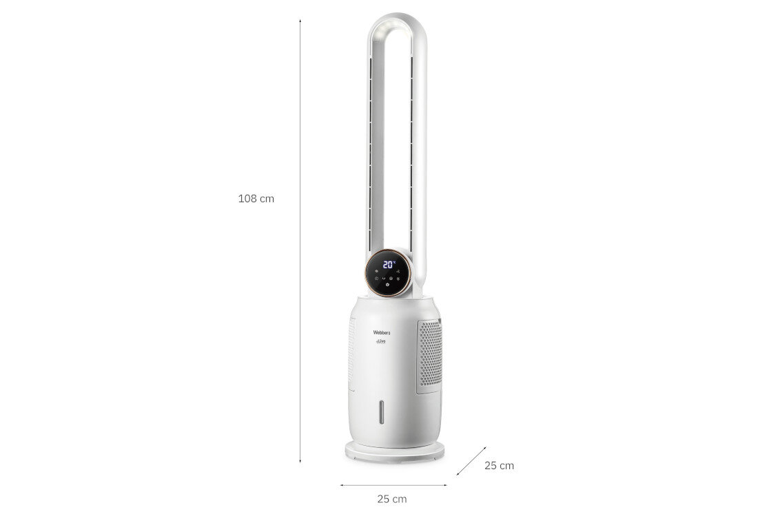 Biały wentylator kolumnowy o wysokości 108 cm i szerokości podstawy 25 cm, z wyświetlaczem pokazującym \'20°\'. Na obudowie widoczne jest logo \'WEBBER Livo\'.