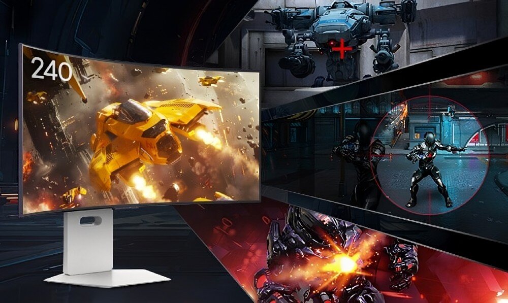 Monitor LG UltraGear 39GX90SA-W.AEU Monitor z zakrzywionym ekranem wyświetla dynamiczną scenę z gry, przedstawiającą żółty statek kosmiczny w bitwie. Na ekranie widoczna jest liczba \'240\', funkcje dla graczy
