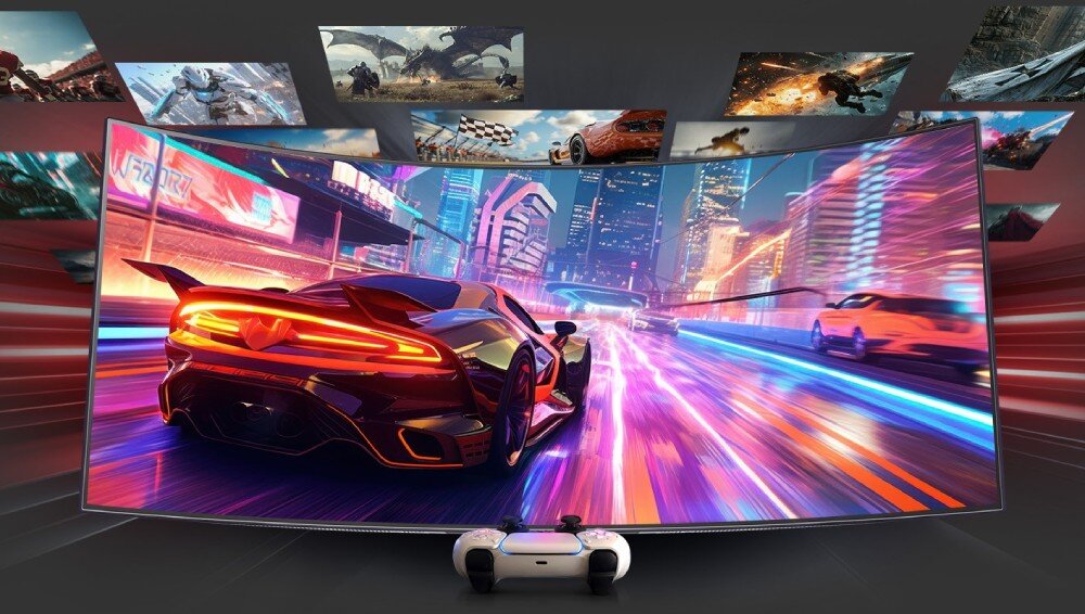 Monitor LG UltraGear 39GX90SA-W.AEU Na obrazie widoczny jest zakrzywiony monitor wyświetlający dynamiczną scenę wyścigową z samochodem sportowym na tle miasta. Obok monitora znajduje się biały kontroler do konsoli i biała konsola do gier, porty, gniazda, podłączenie