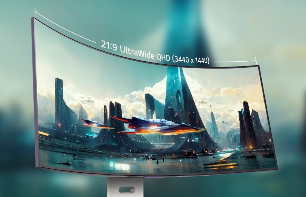 Monitor LG UltraGear 39GX90SA-W.AEU Monitor z zakrzywionym ekranem wyświetla grafikę futurystycznego miasta z latającym statkiem. Na górze ekranu widoczny jest napis: \'21:9 UltraWide QHD (3440 x 1440)\', zakrzywiona matryca, rozdzielczość, kontrast