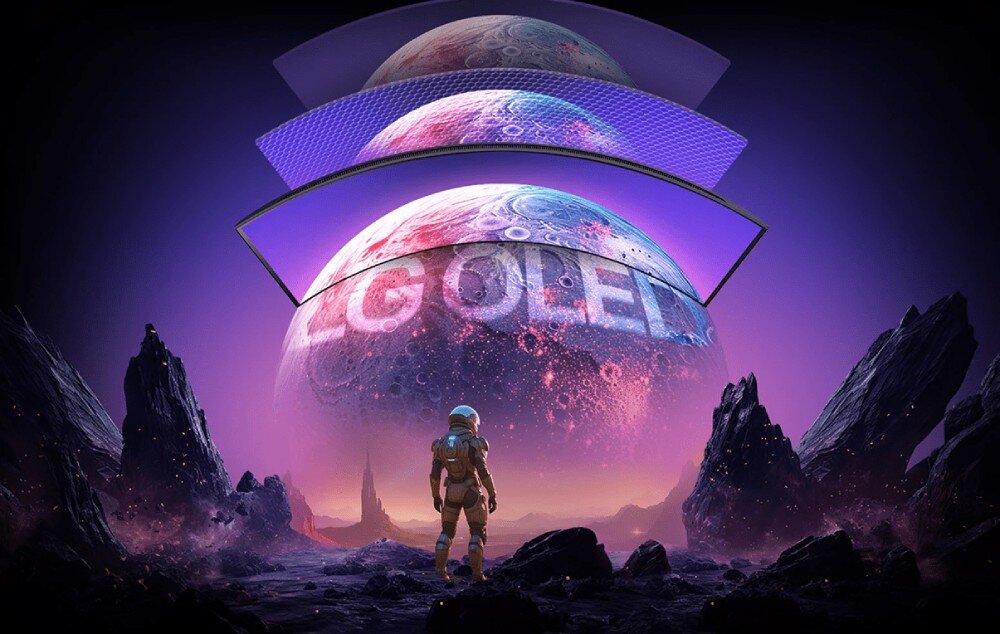 Monitor LG UltraGear 39GX90SA-W.AEU Obraz przedstawia astronautę stojącego na powierzchni obcej planety z widokiem na duży, zakrzywiony ekran z napisem \'LG OLED\'. W tle widać skaliste formacje i kolorowe niebo, głębia, jasność