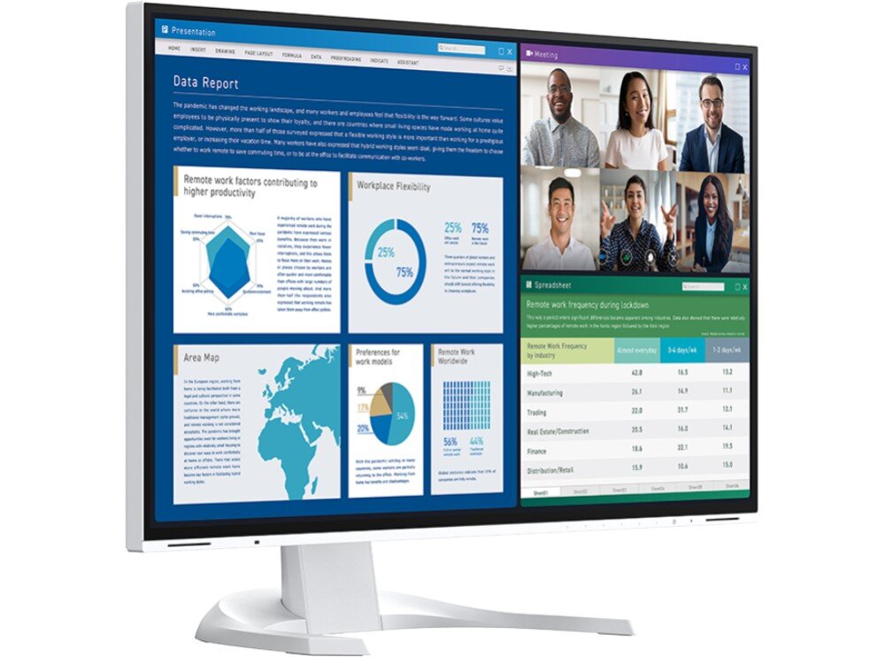 Monitor EIZO FlexScan EV2740X-WT Monitor z otwartymi aplikacjami biurowymi: po lewej stronie wykresy i dane z raportu, po prawej górze wideokonferencja z sześcioma osobami, a na dole arkusz kalkulacyjny z danymi liczbowymi, opis