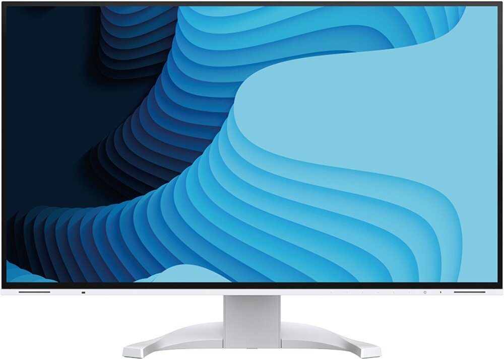 Monitor EIZO FlexScan EV2740X-WT Widok monitora z białą ramką i abstrakcyjną niebieską grafiką na ekranie, przedstawiającą faliste, gradientowe kształty w odcieniach błękitu i granatu, powłoka antyrefleksyjna, odblaski, podświetlenie, niebieskie światło