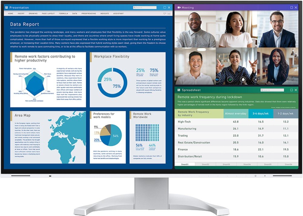 Monitor EIZO FlexScan EV2740X-WT Widok monitora wyświetlającego podzielony ekran z dokumentem, wykresami i wideokonferencją. Całość ujęta centralnie, z białą podstawą widoczną u dołu, czas reakcji, płynność