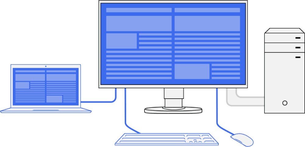 Monitor EIZO FlexScan EV2740X-WT Schemat pokazujący monitor połączony z laptopem i komputerem stacjonarnym, obsługiwany jednym zestawem klawiatury i myszy. Połączenia zaznaczone liniami, przełącznik KVM, tryb Picture-by-Picture