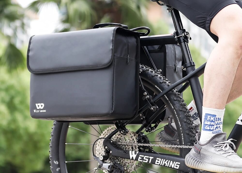 Torba rowerowa na bagażnik WEST BIKING GT000006 obustronna 36L torba zawieszona na bagazniku, funkcjonalnosc, ekwipunek, wyprawa, przejazdzka