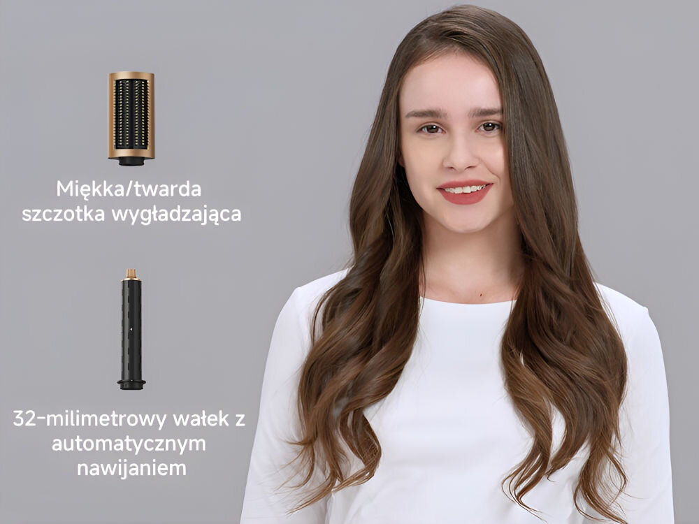 Suszarko-lokówka DREAME Air Styler Pro Złoty 1300W modelka we fryzurze syrenie fale szczotka wygładzająca wałek z automatycznym nawijaniem