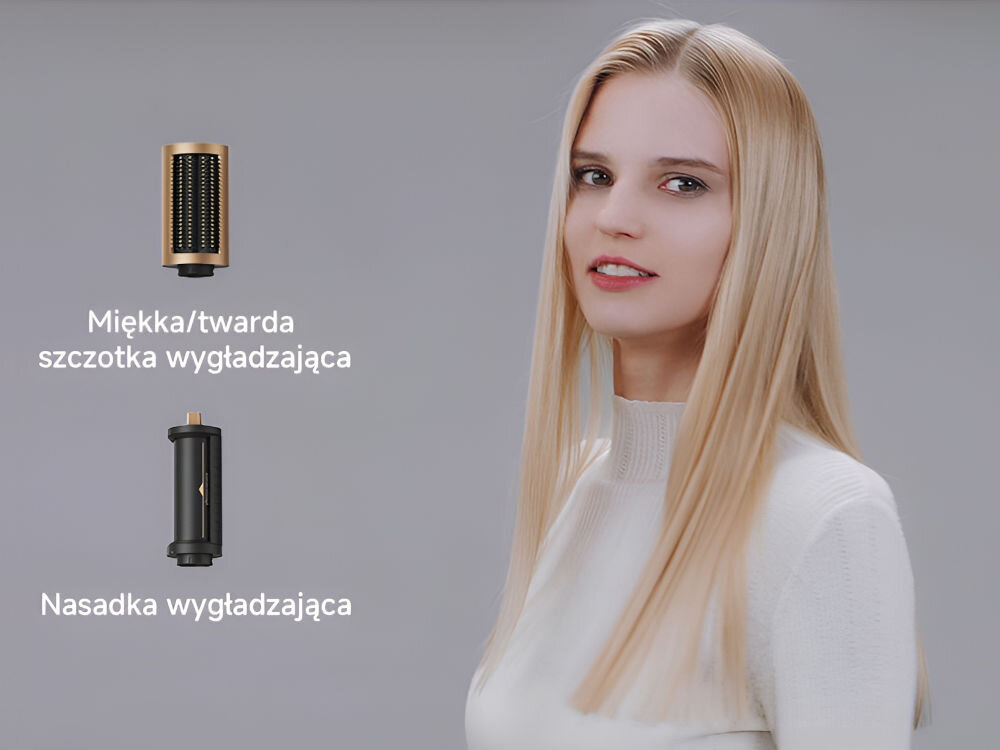 Suszarko-lokówka DREAME Air Styler Pro Złoty 1300W modelka we fryzurze elegancki przedziałek szczotka wygładzająca nasadka wygładzająca