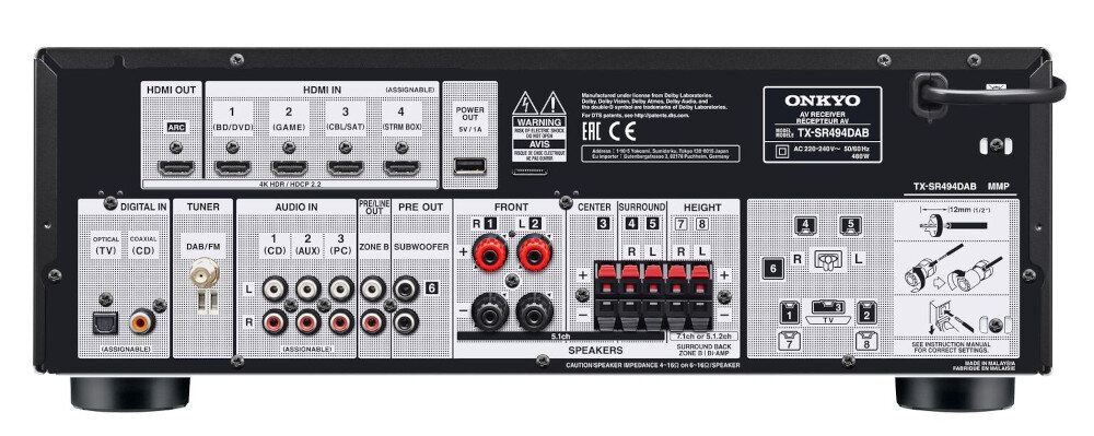 Amplituner ONKYO TX-SR494BDAB  - złącza