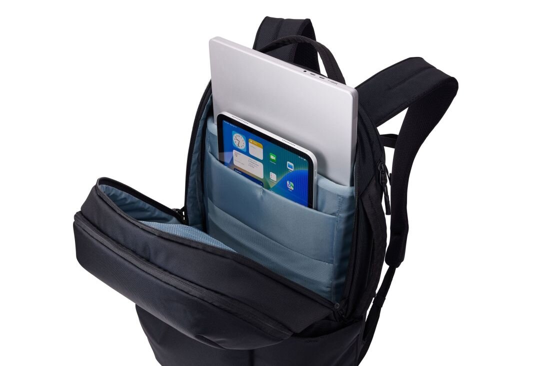 Plecak Thule Subterra 2 27L otwarty pokazuje przegrodę na laptop i tablet podczas organizacji sprzętu do pracy mobilnej - KOMORY NA LAPTOP I TABLET 