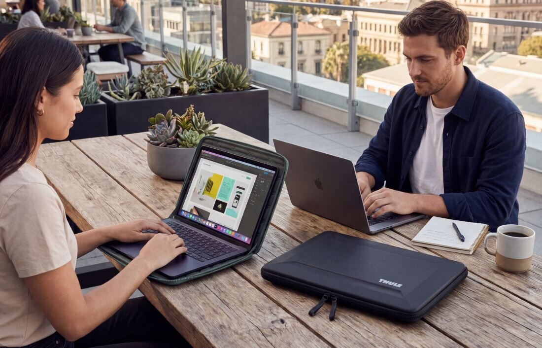 Dwie osoby korzystają z laptopów, a etui Thule Gauntlet Sleeve leży na stole podczas pracy w przestrzeni co-workingowej 