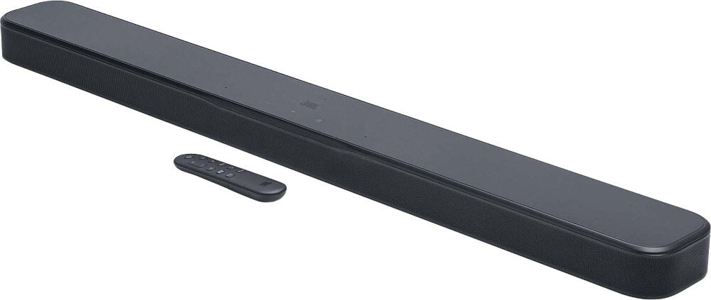 Soundbar JBL BAR 300 MkII kompaktowa konstrukcja wymiary 940x50,5x104 mm waga 2,9 kg, soundbar po skosie z pilotem na białym tle