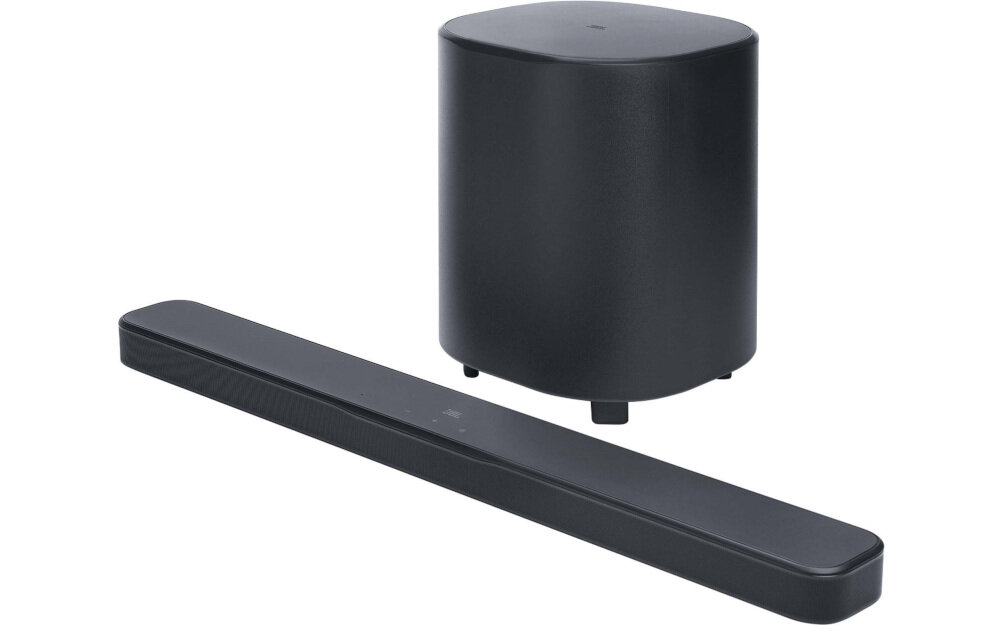 Soundbar JBL BAR 500 MkII MultiBeam 3.0 szeroka scena dźwiękowa kino domowe, urządzenie po skosie na białym tle
