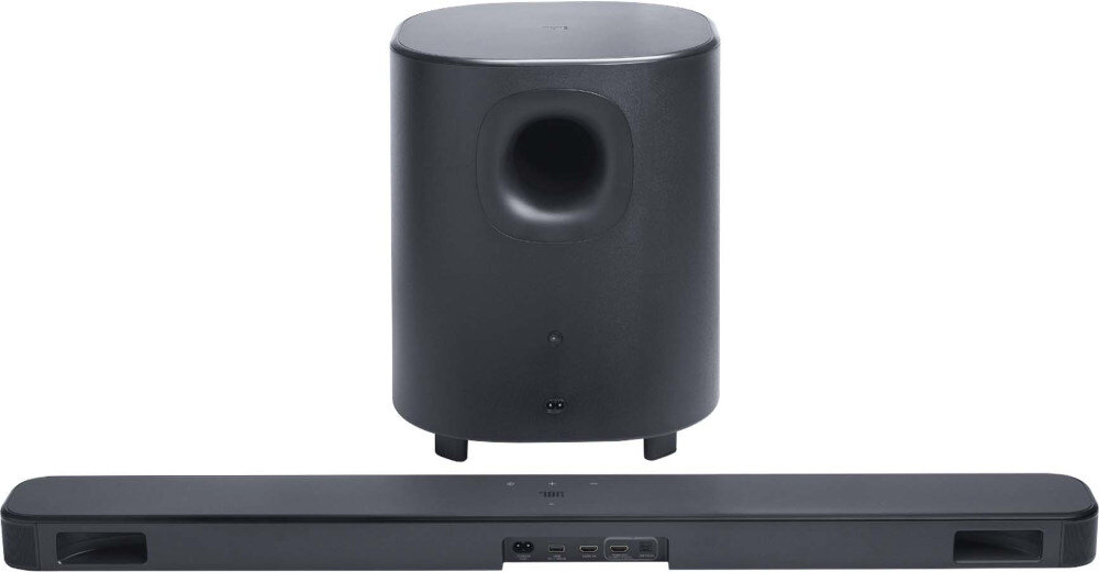 Soundbar JBL BAR 500 MkII kompaktowa konstrukcja wymiary soundbar subwoofer łatwe ustawienie, urządzenie od tyłu na białym tle