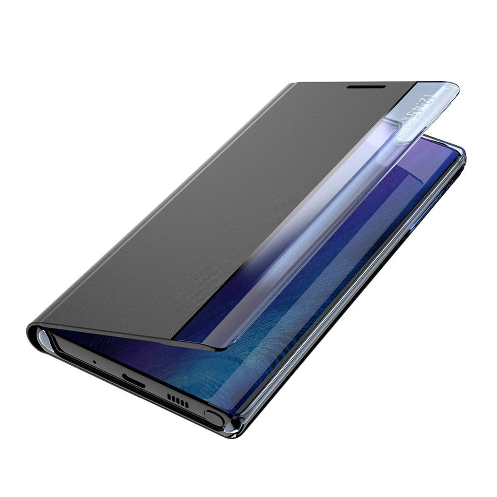 Na obrazie widoczny jest smartfon w etui z klapką, które jest przezroczyste i ma ciemny kolor. Etui jest otwarte, ukazując ekran urządzenia.