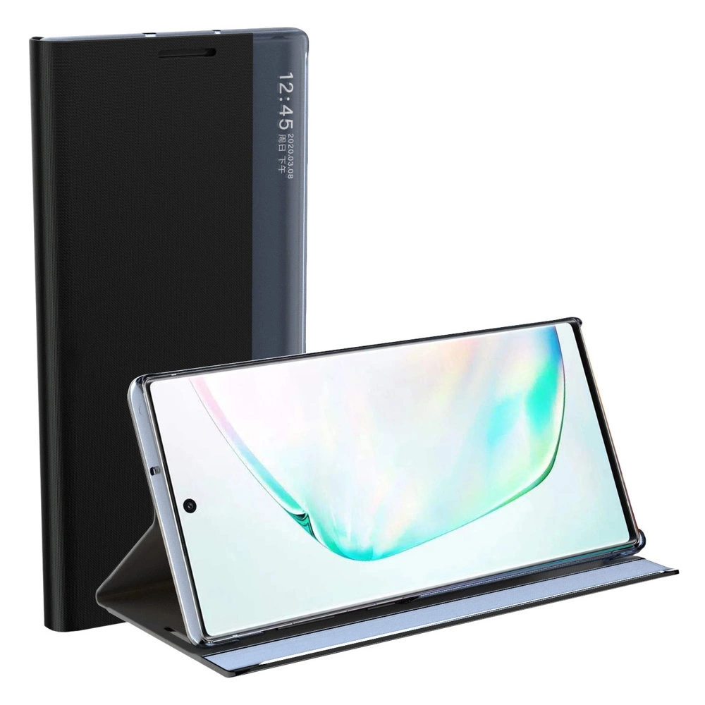 Na obrazie widoczny jest smartfon w czarnym etui z klapką, ustawiony w pozycji poziomej. Na ekranie wyświetlany jest kolorowy obraz, a na klapce widoczny jest tekst: \'12:45\'.