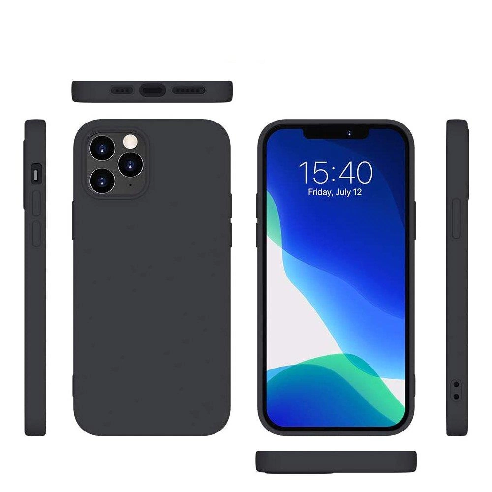 Obraz przedstawia czarne, elastyczne silikonowe etui na smartfon z trzema otworami na aparaty. Na ekranie telefonu widoczna jest godzina 15:40 i data Friday, July 12.