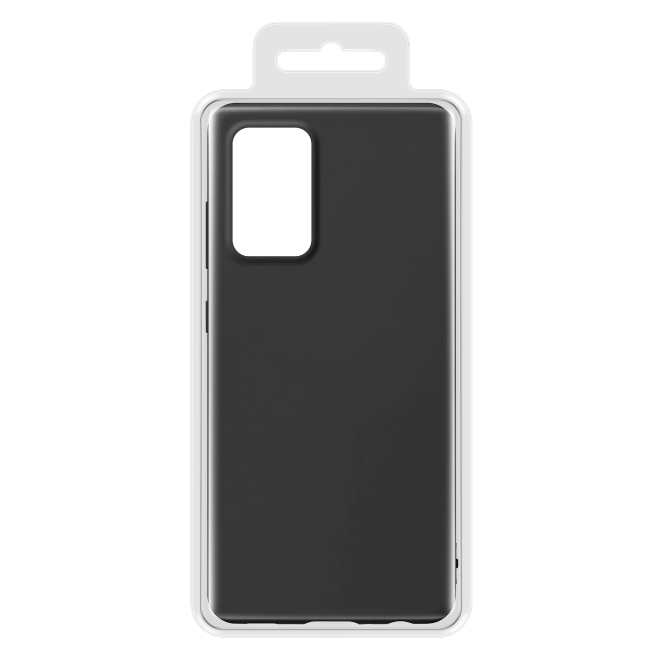 Czarne, elastyczne silikonowe etui na telefon w przezroczystym opakowaniu z wycięciem na aparat.