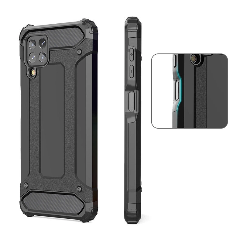 Obraz przedstawia pancerne etui na telefon w kolorze srebrnym z czarnymi elementami, widoczne z tyłu i z boku. Etui ma wzmocnione narożniki i wycięcia na aparat oraz przyciski.