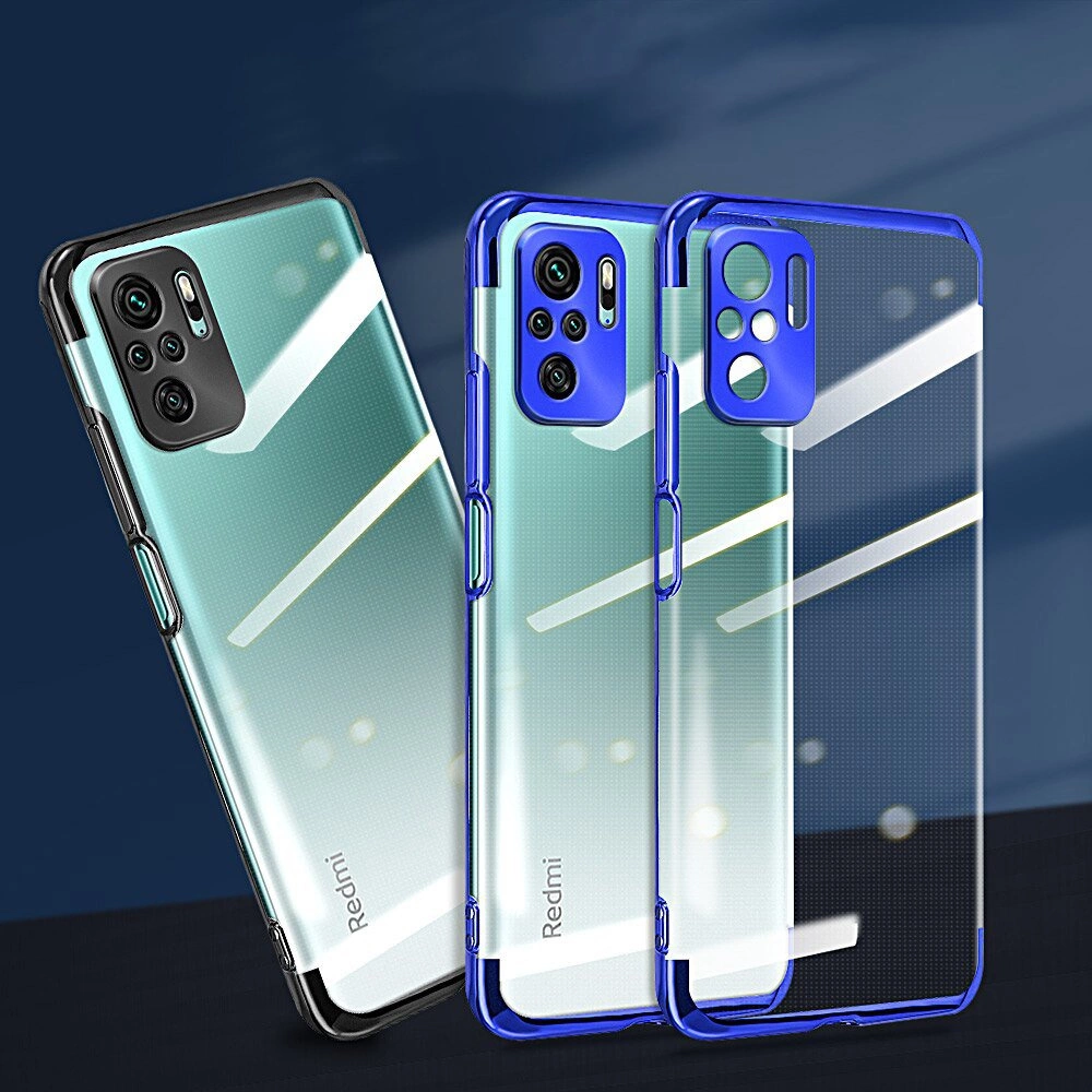 Obraz przedstawia dwa przezroczyste etui na telefon z metaliczną ramką, jedno w kolorze niebieskim, a drugie czarnym. Na telefonie widoczny jest napis \'Redmi\'.