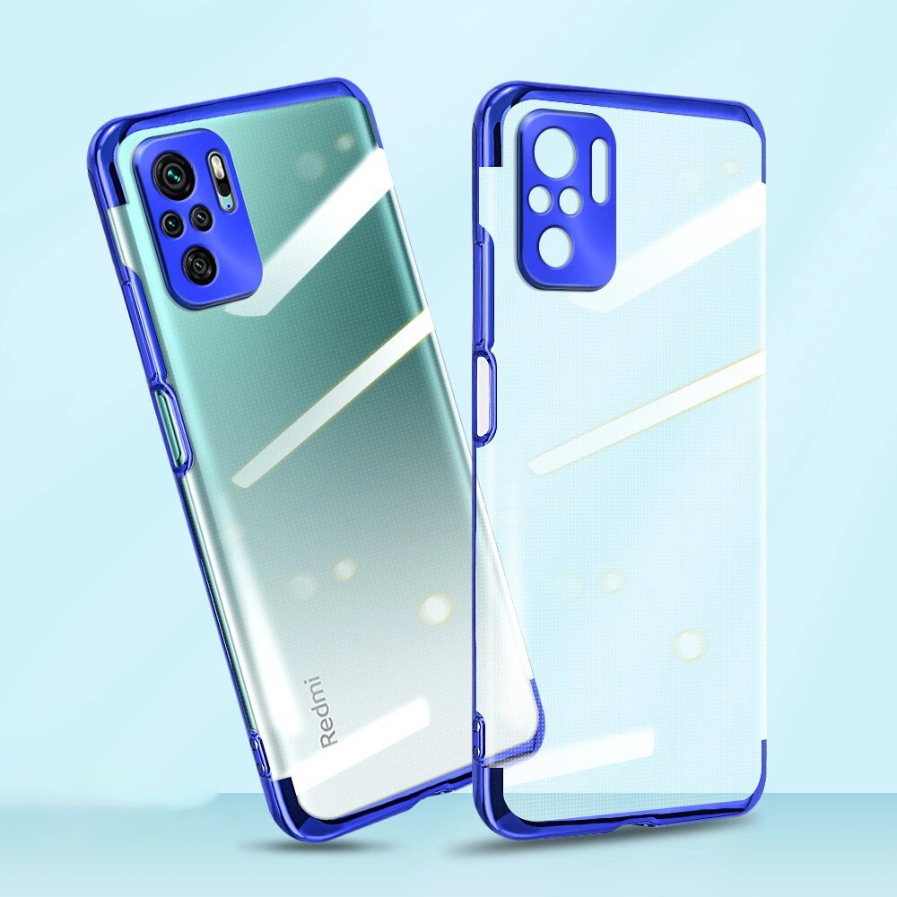 Obraz przedstawia dwa przezroczyste etui na telefon z metaliczną niebieską ramką. Na jednym z etui widoczny jest napis \'Redmi\'.