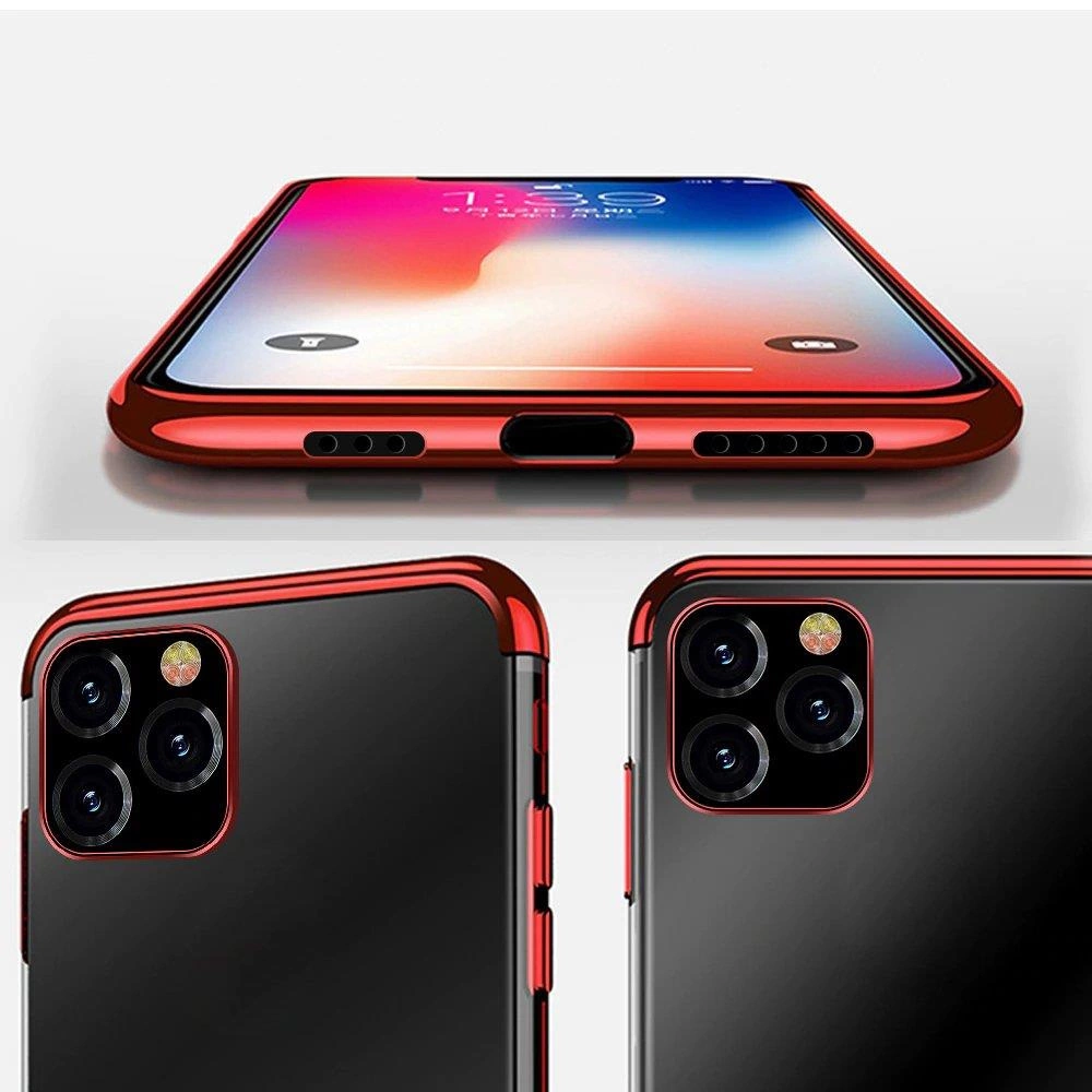 Obraz przedstawia telefon w czerwonym, metalicznym etui z widocznymi trzema obiektywami aparatu i lampą błyskową. Etui ma błyszczące wykończenie i wycięcia na porty oraz przyciski.
