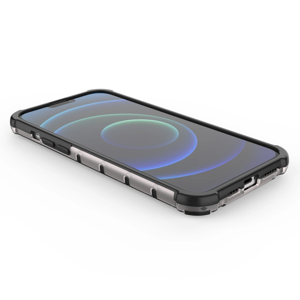 Na obrazie widoczny jest smartfon w etui ochronnym z żelową ramką, z wyświetlaczem pokazującym kolorowe okręgi. Etui ma czarne narożniki i srebrne boki z wycięciami na przyciski i porty.