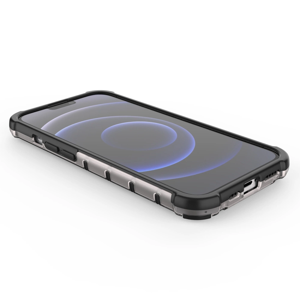 Na obrazie widoczny jest smartfon w czarnym etui z żelową ramką, leżący ekranem do góry. Etui ma wzmocnione narożniki i wycięcia na przyciski oraz porty.