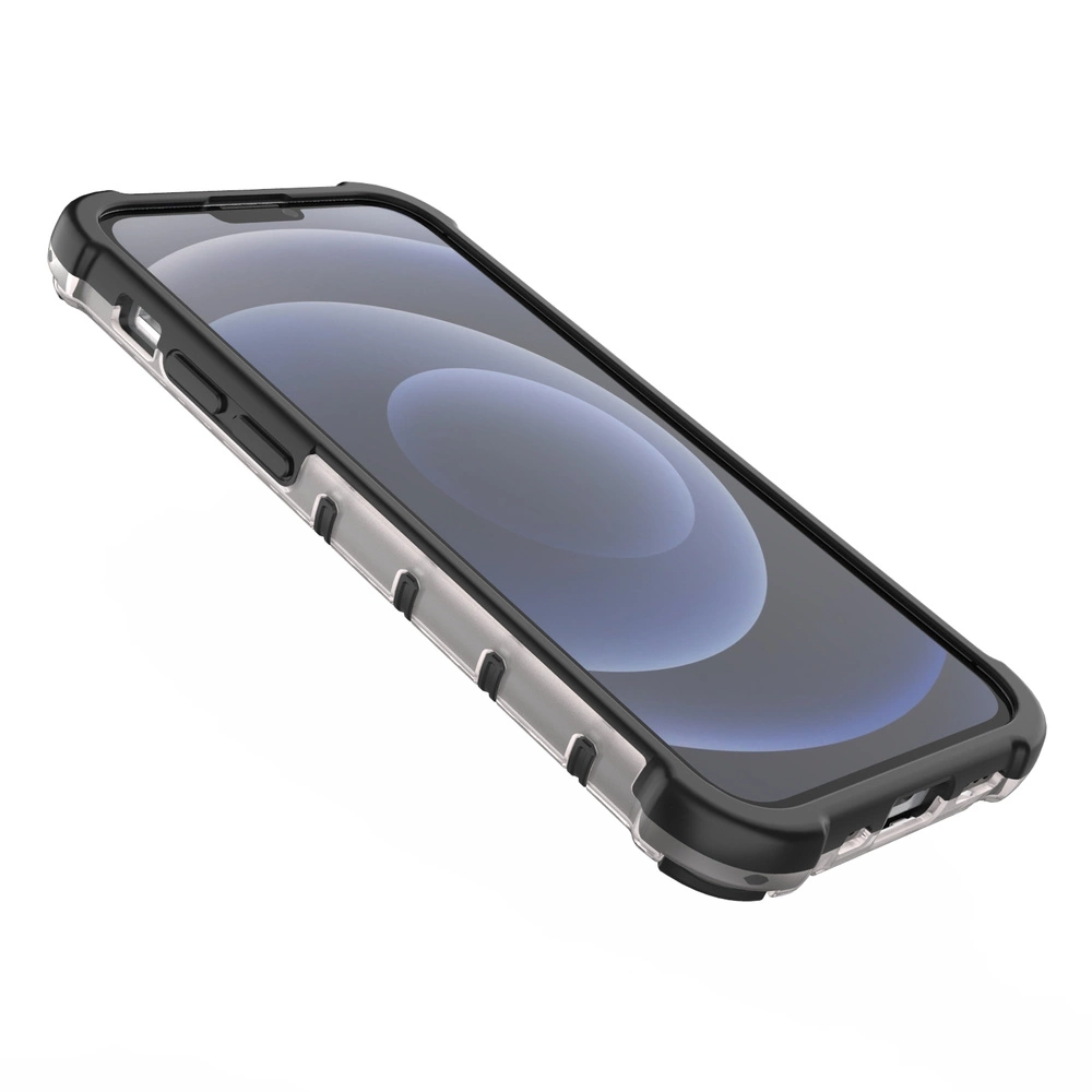 Obraz przedstawia etui na telefon z żelową ramką w kolorze niebieskim, przeznaczone dla iPhone 13 Mini. Etui ma wzmocnione narożniki i przezroczyste plecy.