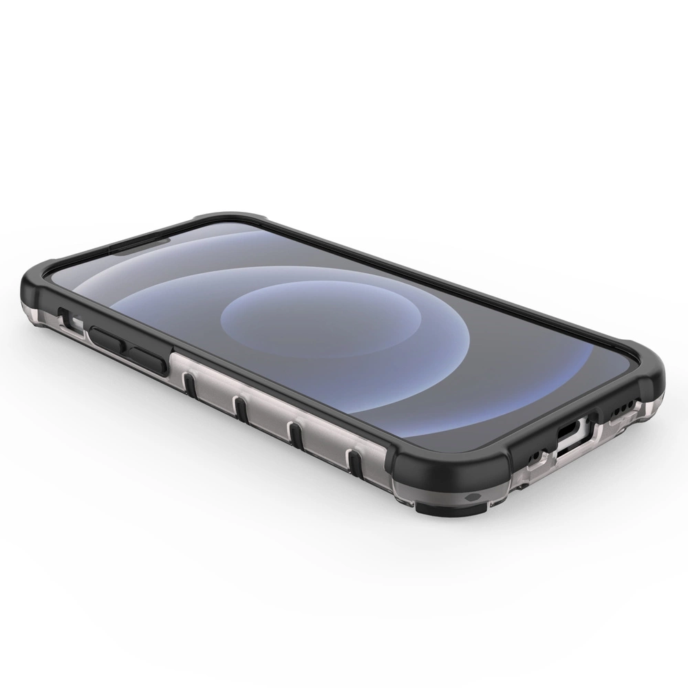 Na obrazie widoczny jest smartfon w etui ochronnym z żelową ramką, w kolorze czarnym i srebrnym. Ekran urządzenia jest włączony, wyświetlając abstrakcyjny wzór w odcieniach niebieskiego.